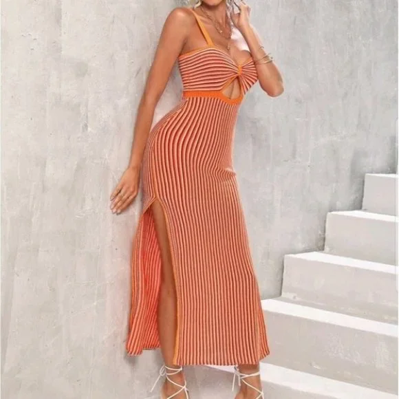 Sherbet striped cutout split hem midi dress summer beachy vacay trendy - Picture 5 of 7